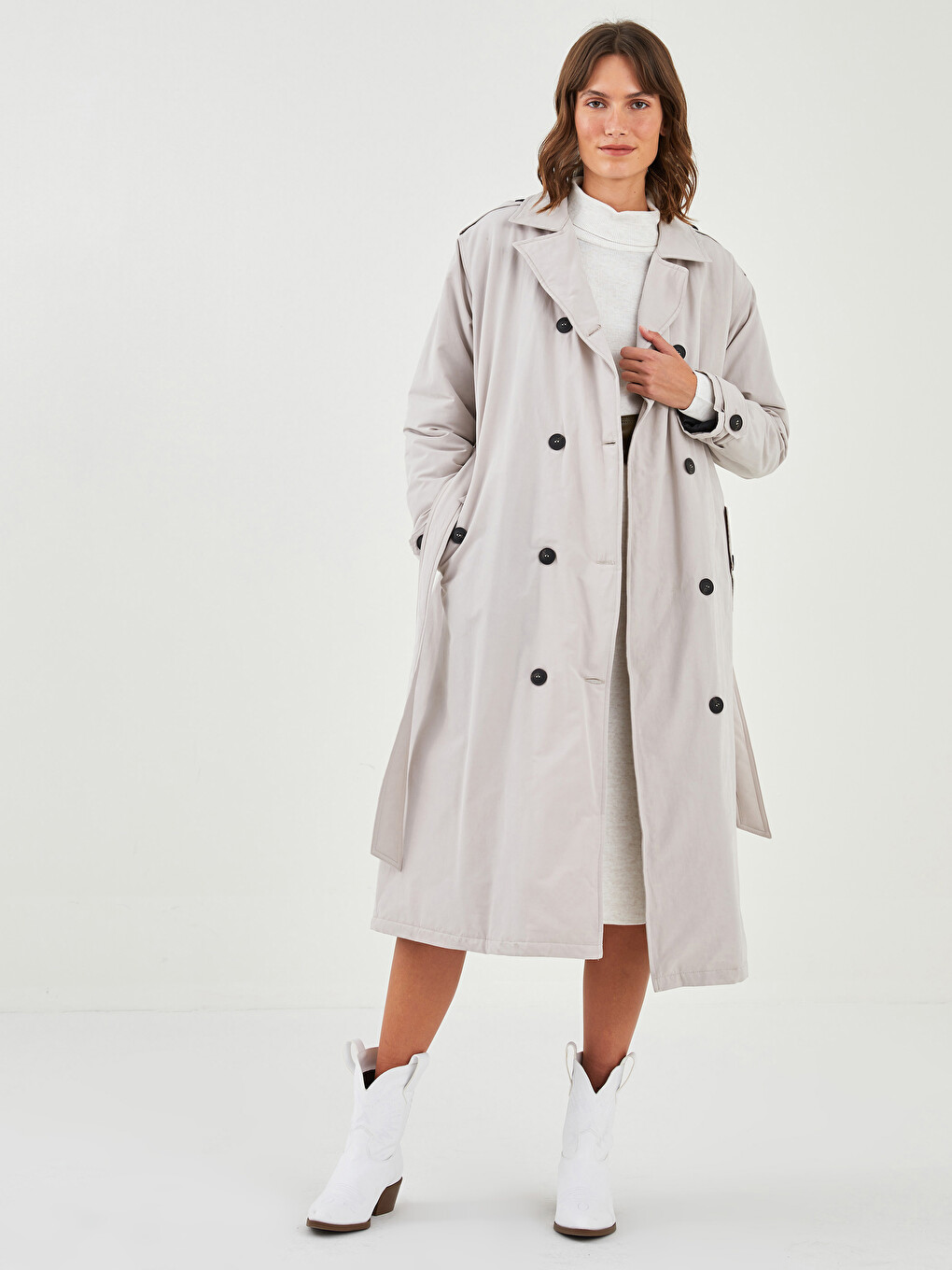 Jacket Collar Straight Long Sleeve Waist Belted Women's Trench Coat-3