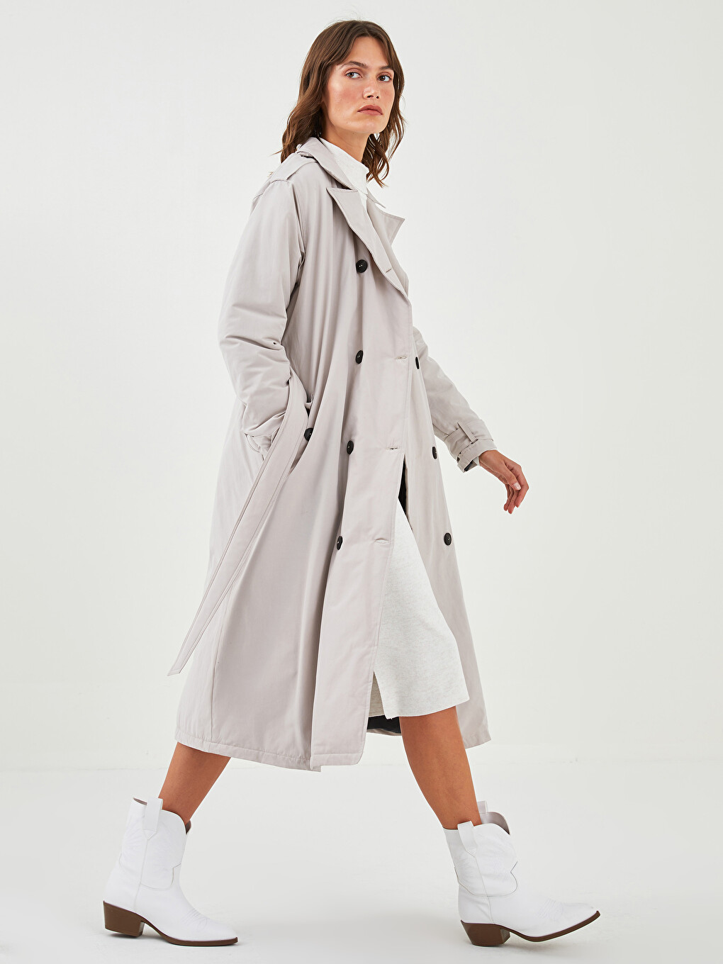 Jacket Collar Straight Long Sleeve Waist Belted Women's Trench Coat-5