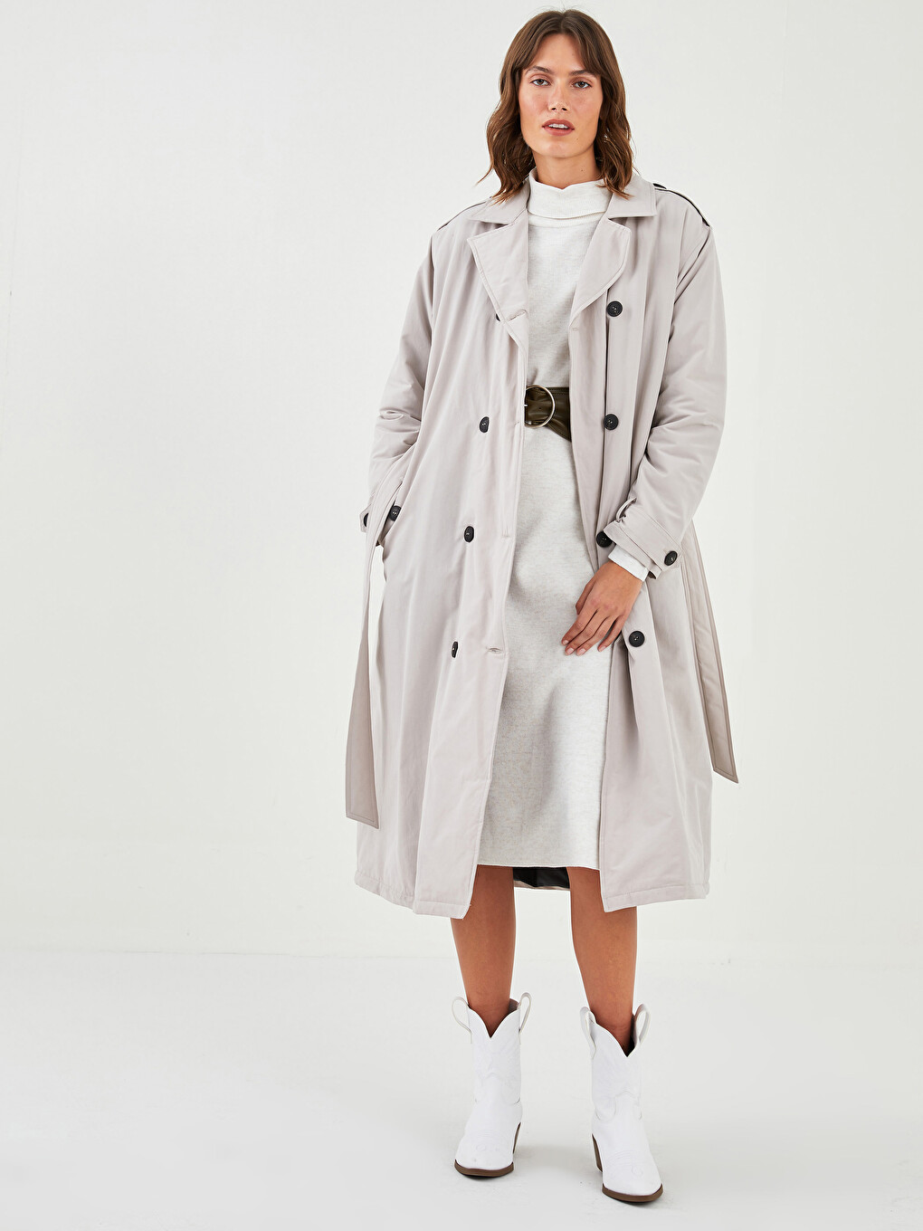Jacket Collar Straight Long Sleeve Waist Belted Women's Trench Coat-7