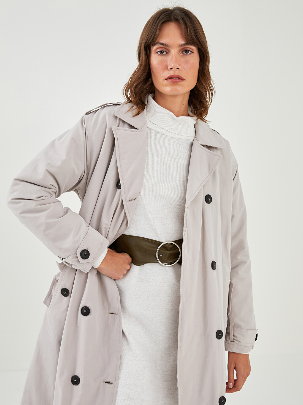 Jacket Collar Straight Long Sleeve Waist Belted Women's Trench Coat-9