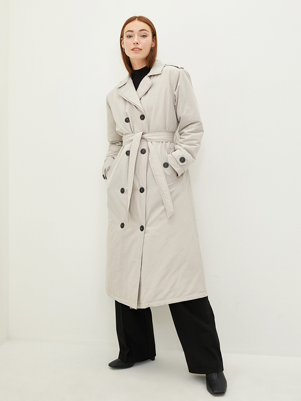 Jacket Collar Straight Long Sleeve Waist Belted Women's Trench Coat-2