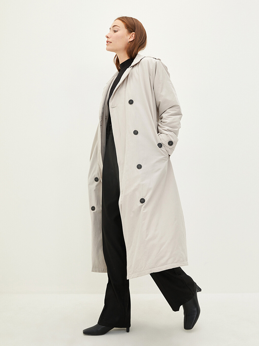 Jacket Collar Straight Long Sleeve Waist Belted Women's Trench Coat-4