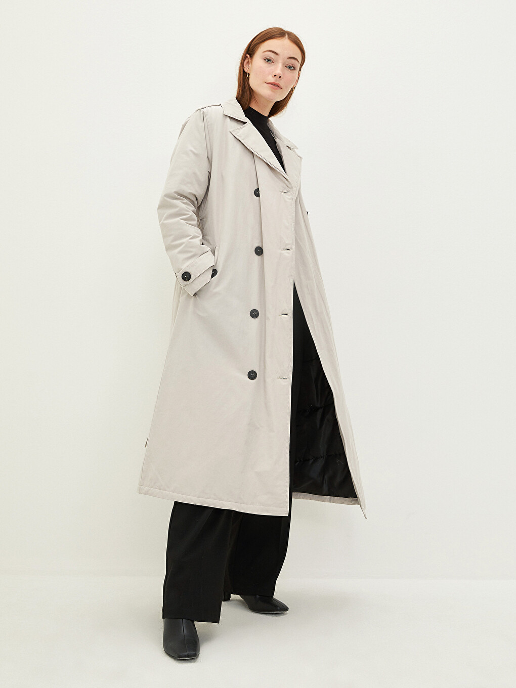 Jacket Collar Straight Long Sleeve Waist Belted Women's Trench Coat-6