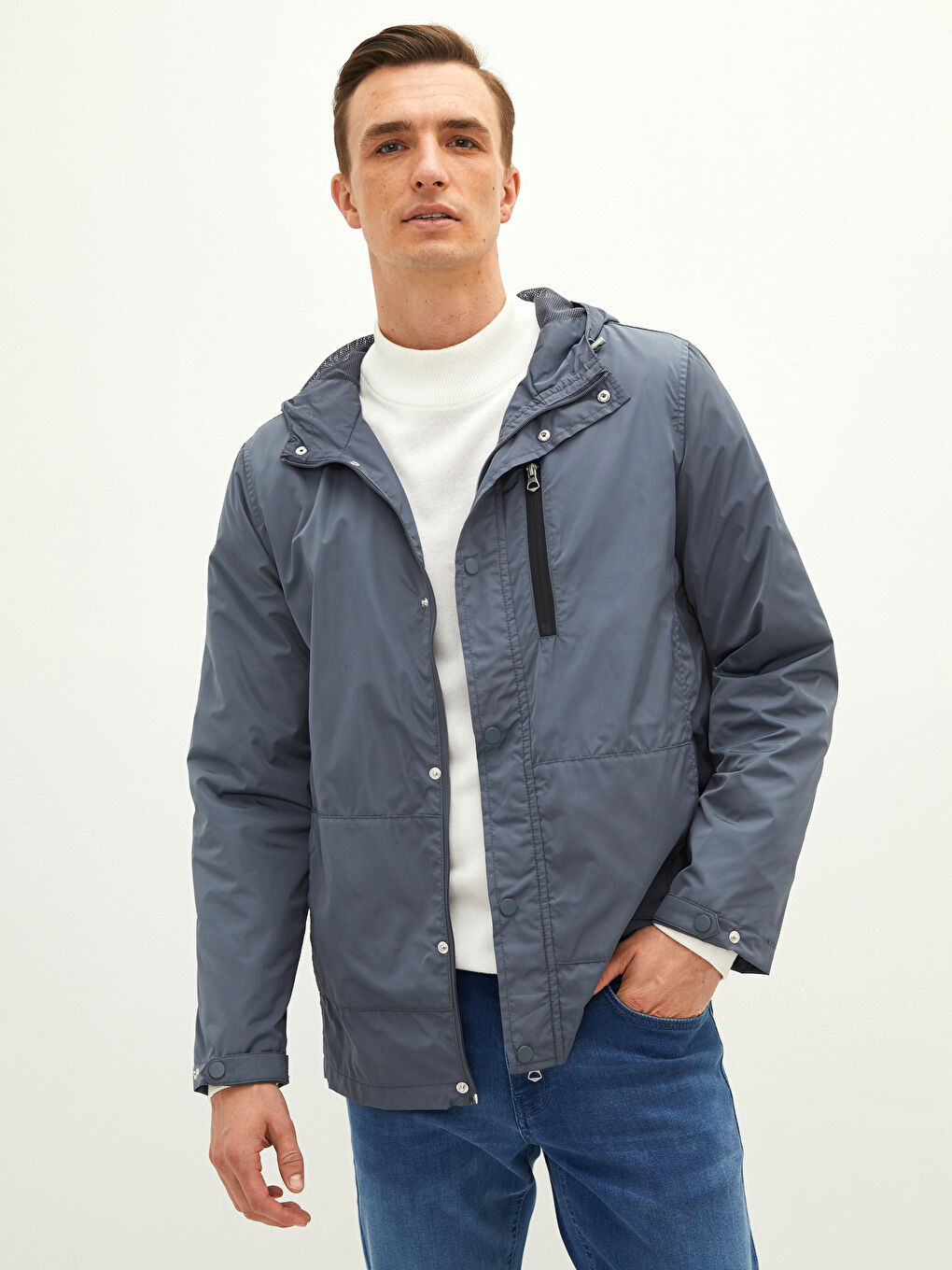 Antrasit Standart Kalıp Kapüşonlu İnce Erkek Yağmurluk