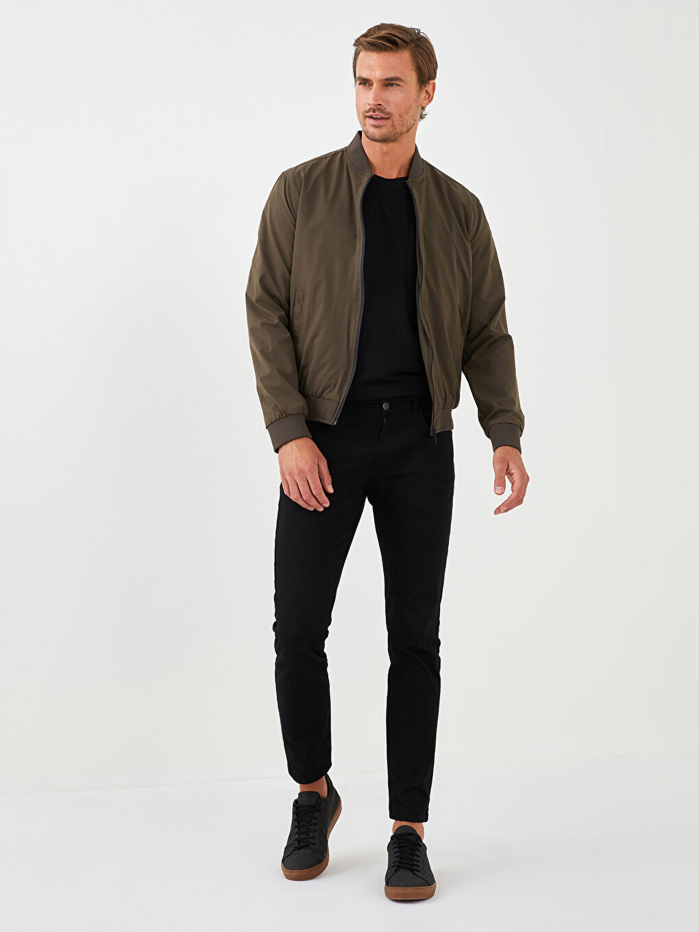 Haki Standart Kalıp Kolej Yaka Erkek Bomber Ceket-2