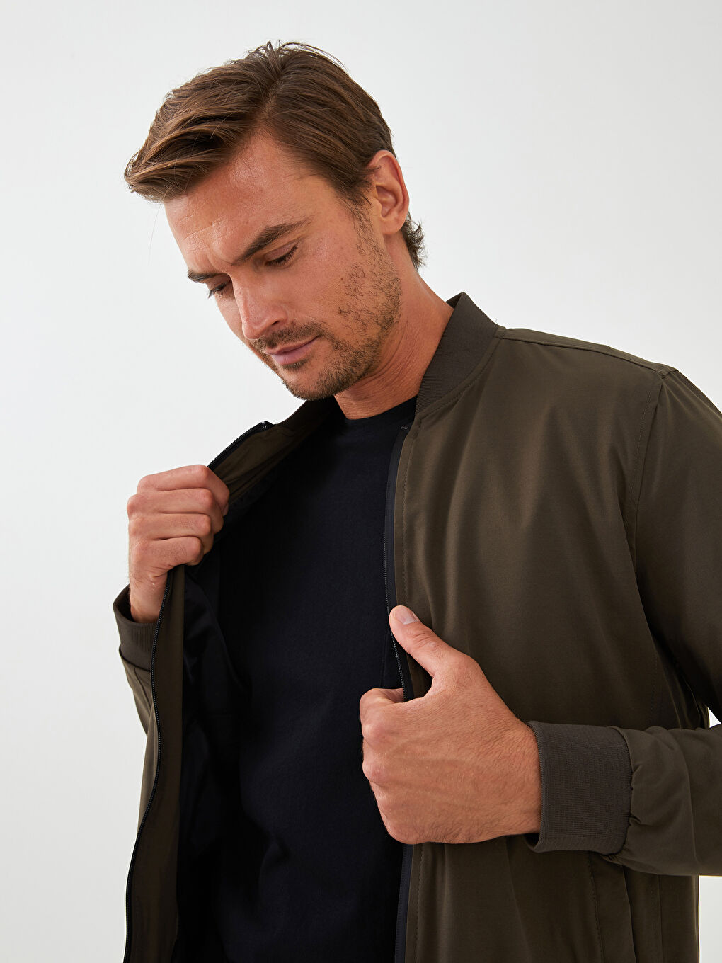 Haki Standart Kalıp Kolej Yaka Erkek Bomber Ceket-3