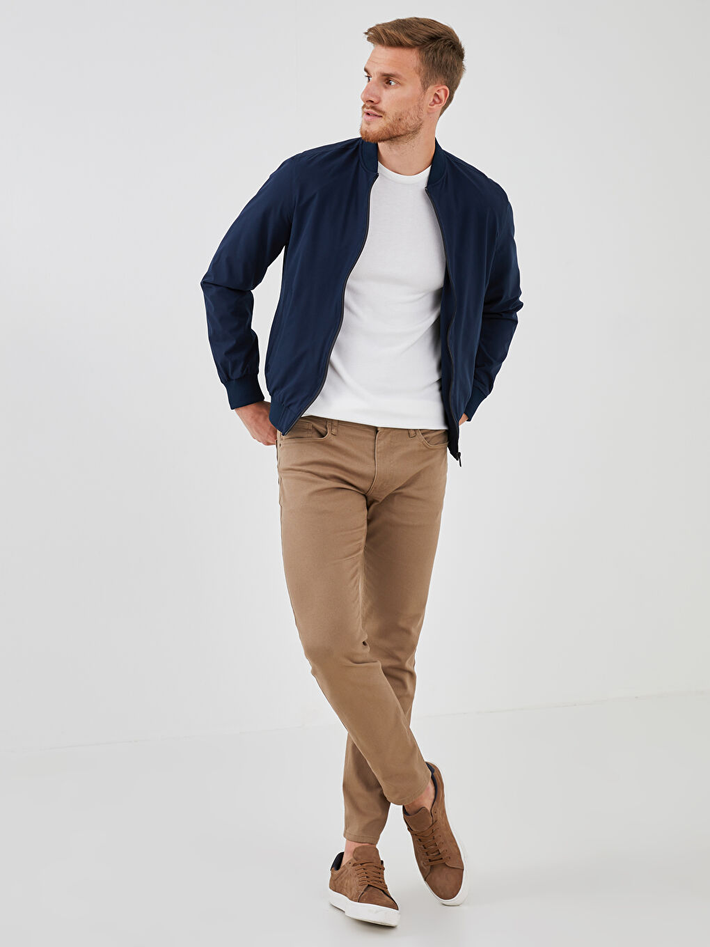 Lacivert Standart Kalıp Kolej Yaka Erkek Bomber Ceket-2