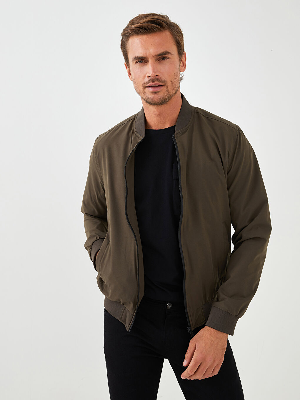 Haki Standart Kalıp Kolej Yaka Erkek Bomber Ceket