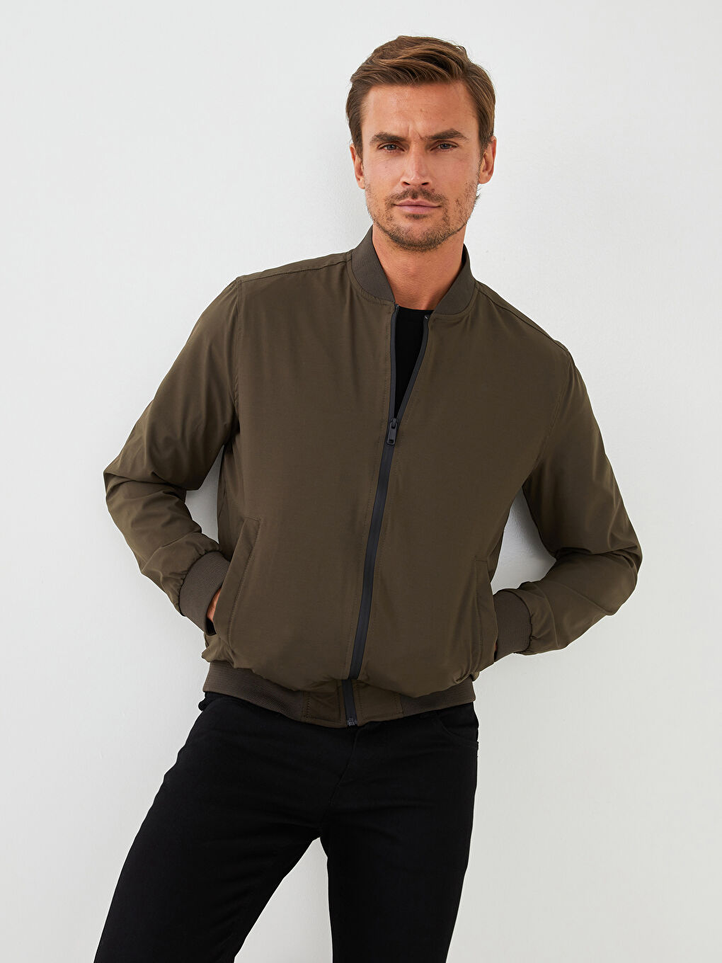 Haki Standart Kalıp Kolej Yaka Erkek Bomber Ceket-1
