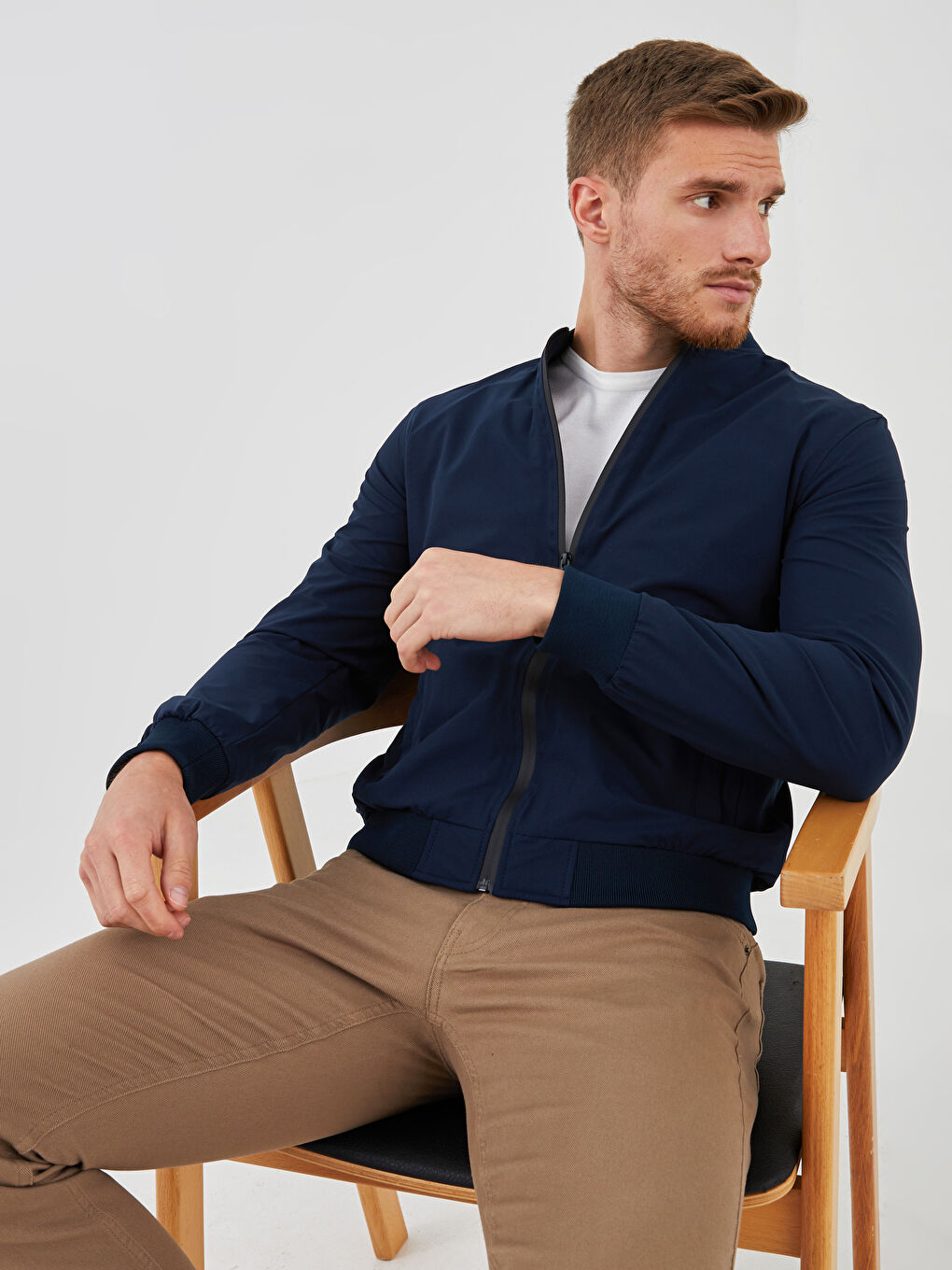 Lacivert Standart Kalıp Kolej Yaka Erkek Bomber Ceket