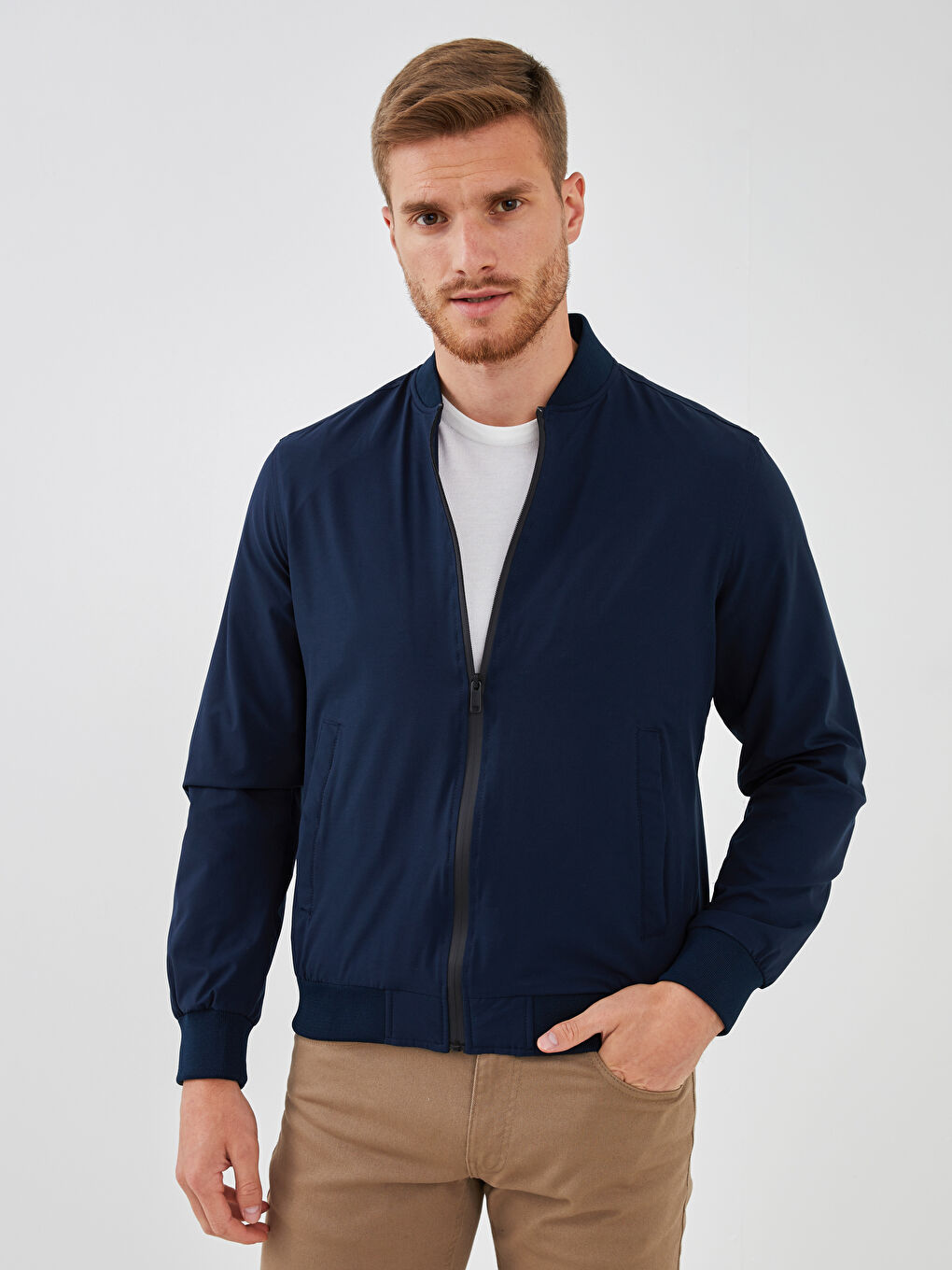 Lacivert Standart Kalıp Kolej Yaka Erkek Bomber Ceket-1