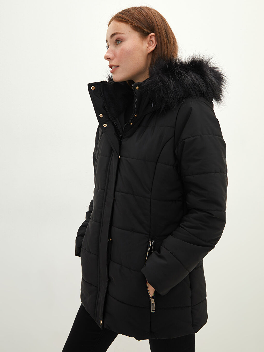 Hooded Plain Pocket Detailed Long Sleeve Thick Women's Down Jacket-1
