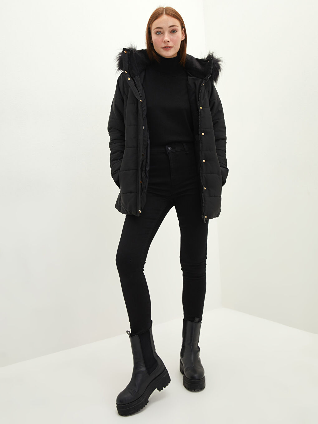 Hooded Plain Pocket Detailed Long Sleeve Thick Women's Down Jacket-2