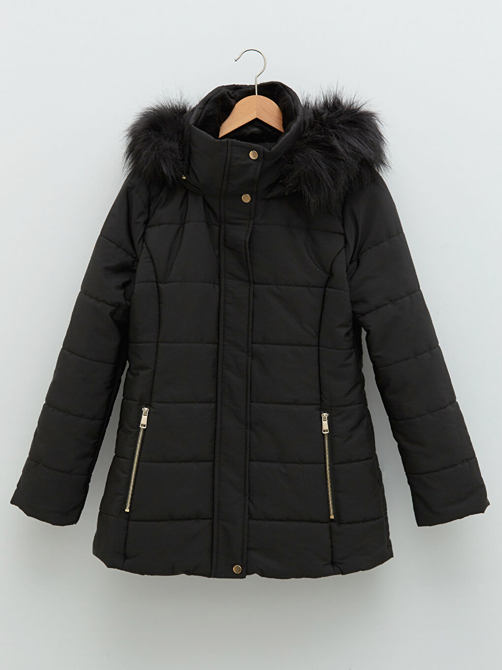 Hooded Plain Pocket Detailed Long Sleeve Thick Women's Down Jacket-5