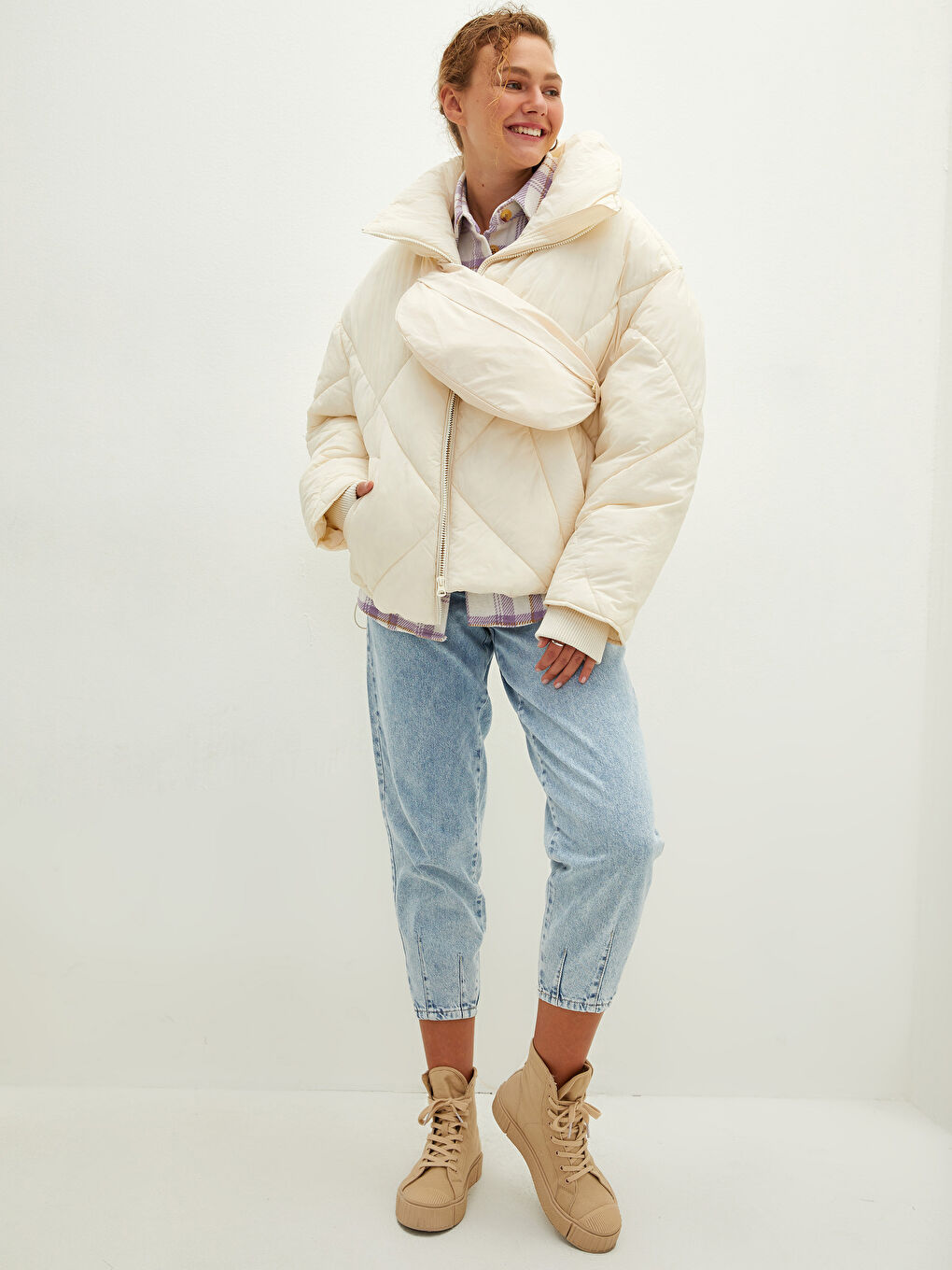 Turtle Neck Regular Long Sleeve Women's Puffer and Bag-4