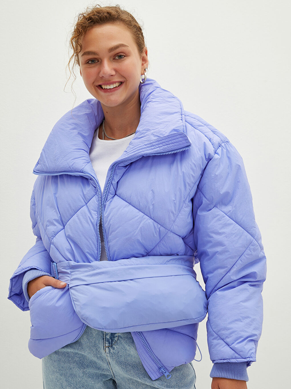 Col Cheminée Régulier Manches Longues Manteau Bouffant et Sac pour Femmes