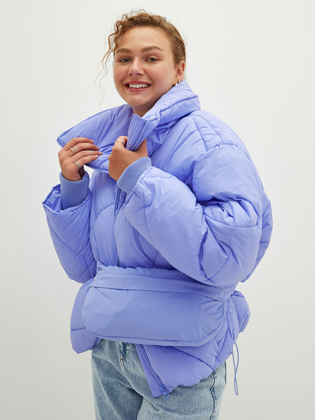 Col Cheminée Régulier Manches Longues Manteau Bouffant et Sac pour Femmes-1