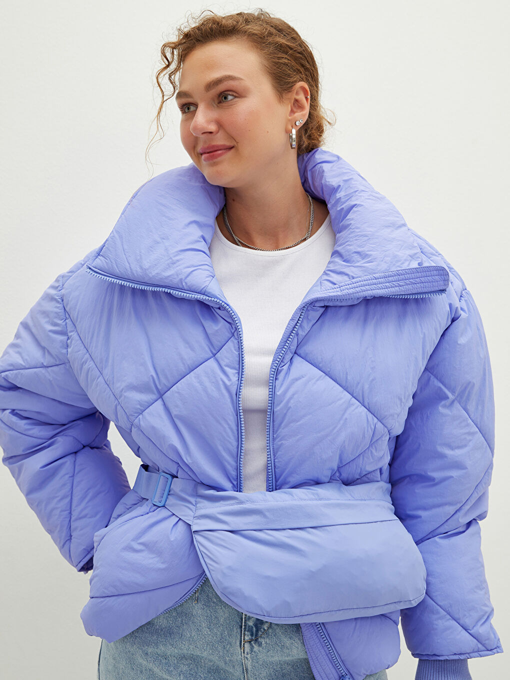 Col Cheminée Régulier Manches Longues Manteau Bouffant et Sac pour Femmes-2