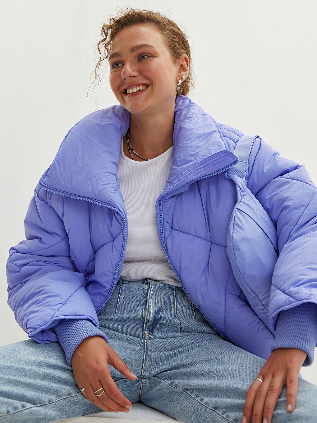 Col Cheminée Régulier Manches Longues Manteau Bouffant et Sac pour Femmes-3