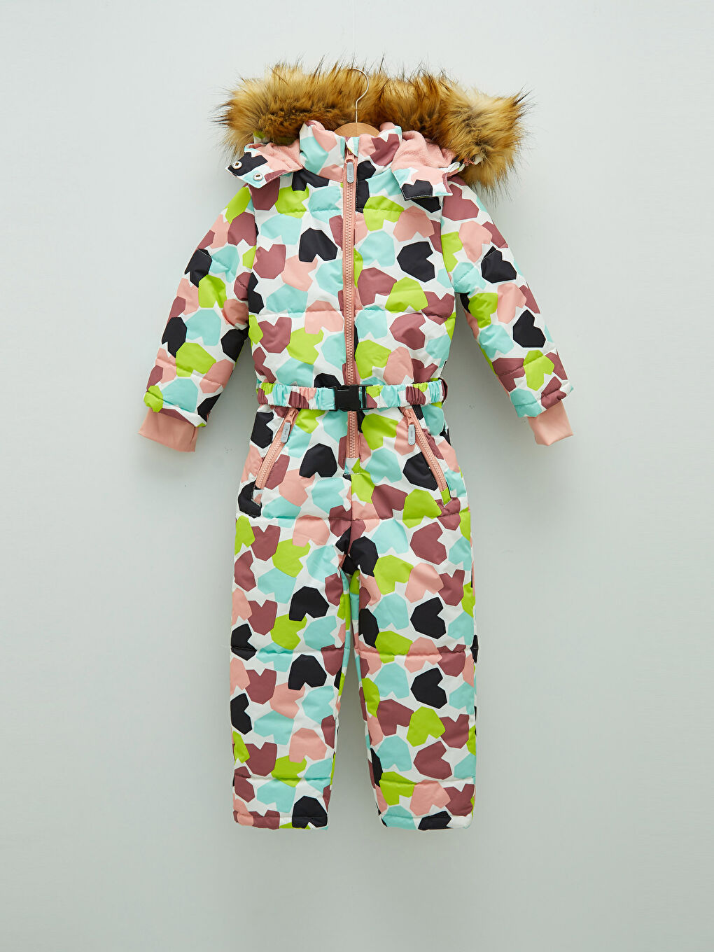 Karışık Kapüşonlu Desenli Kız Çocuk Kayak Tulumu