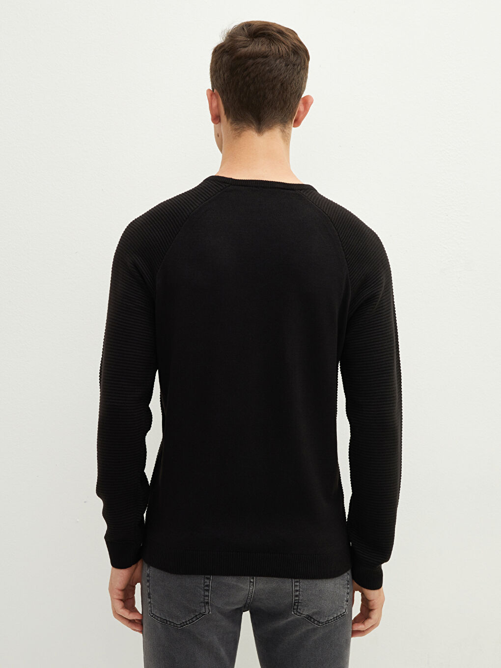 Siyah Bisiklet Yaka Uzun Kollu İnce Erkek Triko Kazak-3