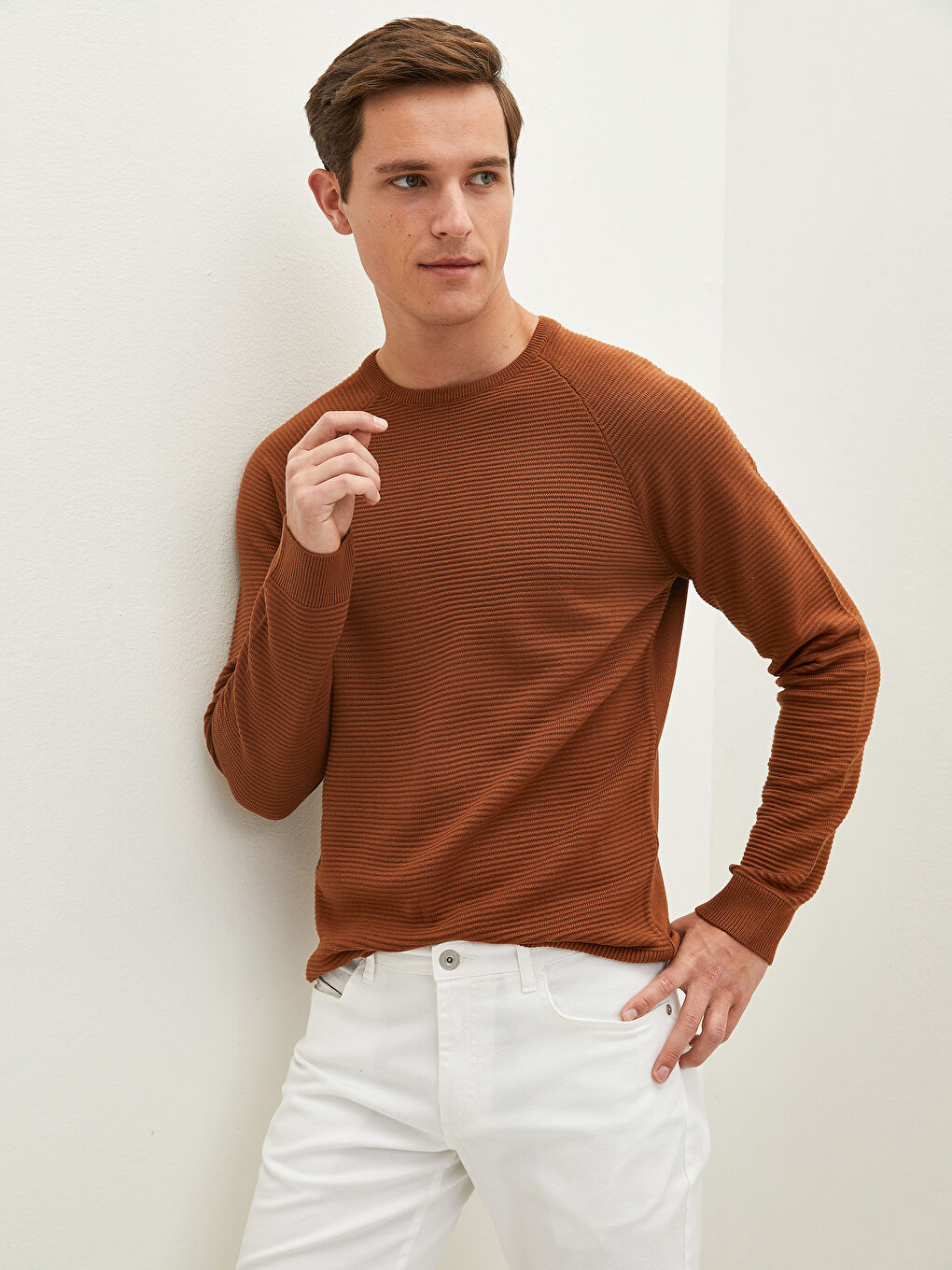 Kahverengi Bisiklet Yaka Uzun Kollu İnce Erkek Triko Kazak