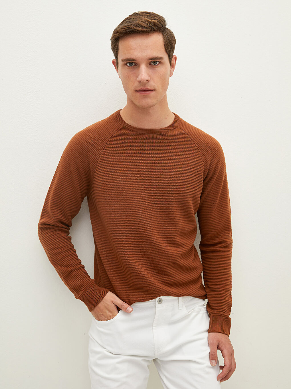 Kahverengi Bisiklet Yaka Uzun Kollu İnce Erkek Triko Kazak-1