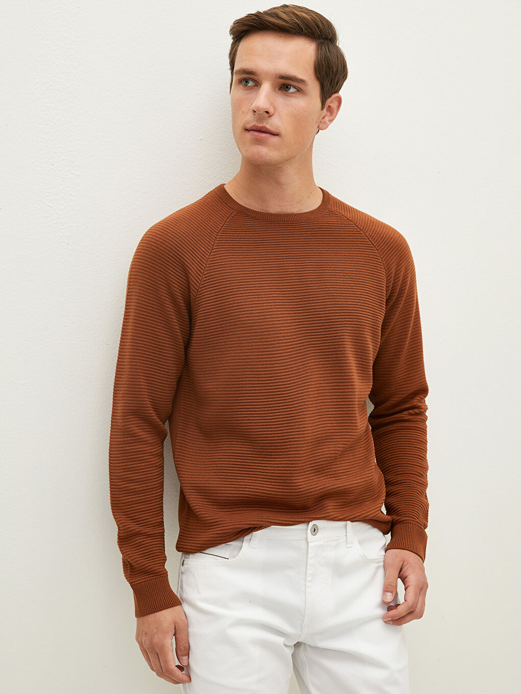 Kahverengi Bisiklet Yaka Uzun Kollu İnce Erkek Triko Kazak-2