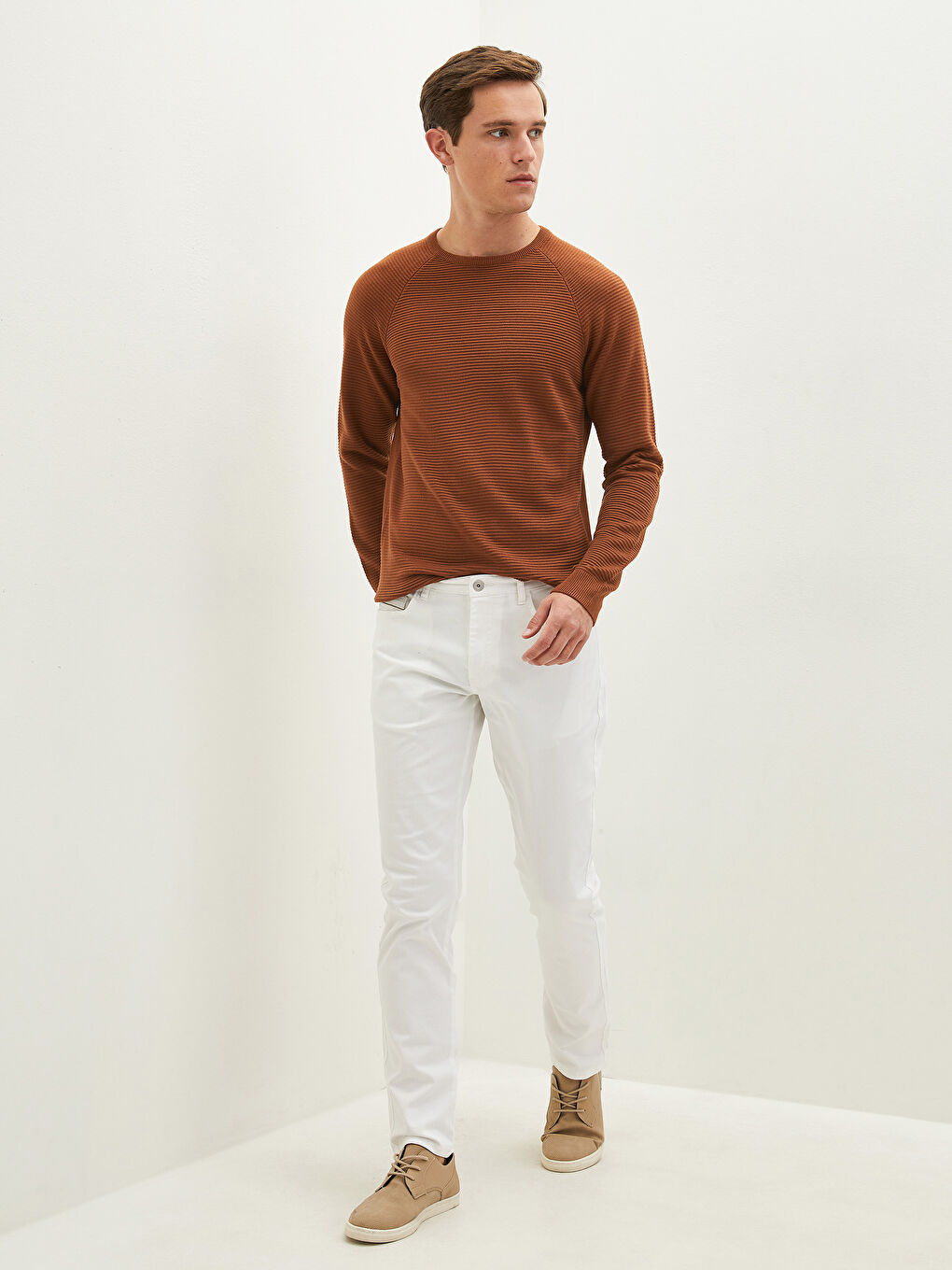 Kahverengi Bisiklet Yaka Uzun Kollu İnce Erkek Triko Kazak-3