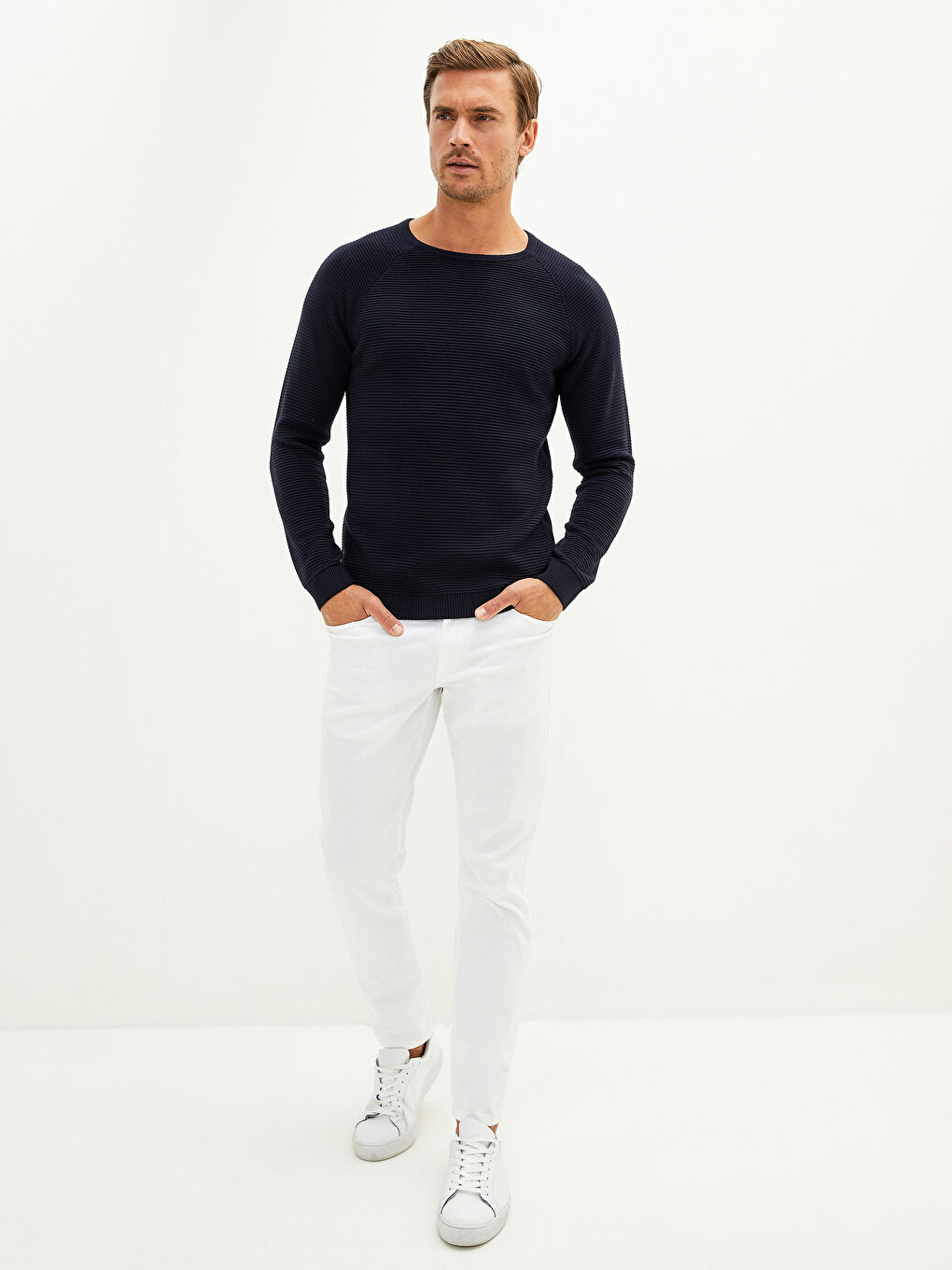 Lacivert Bisiklet Yaka Uzun Kollu İnce Erkek Triko Kazak-2