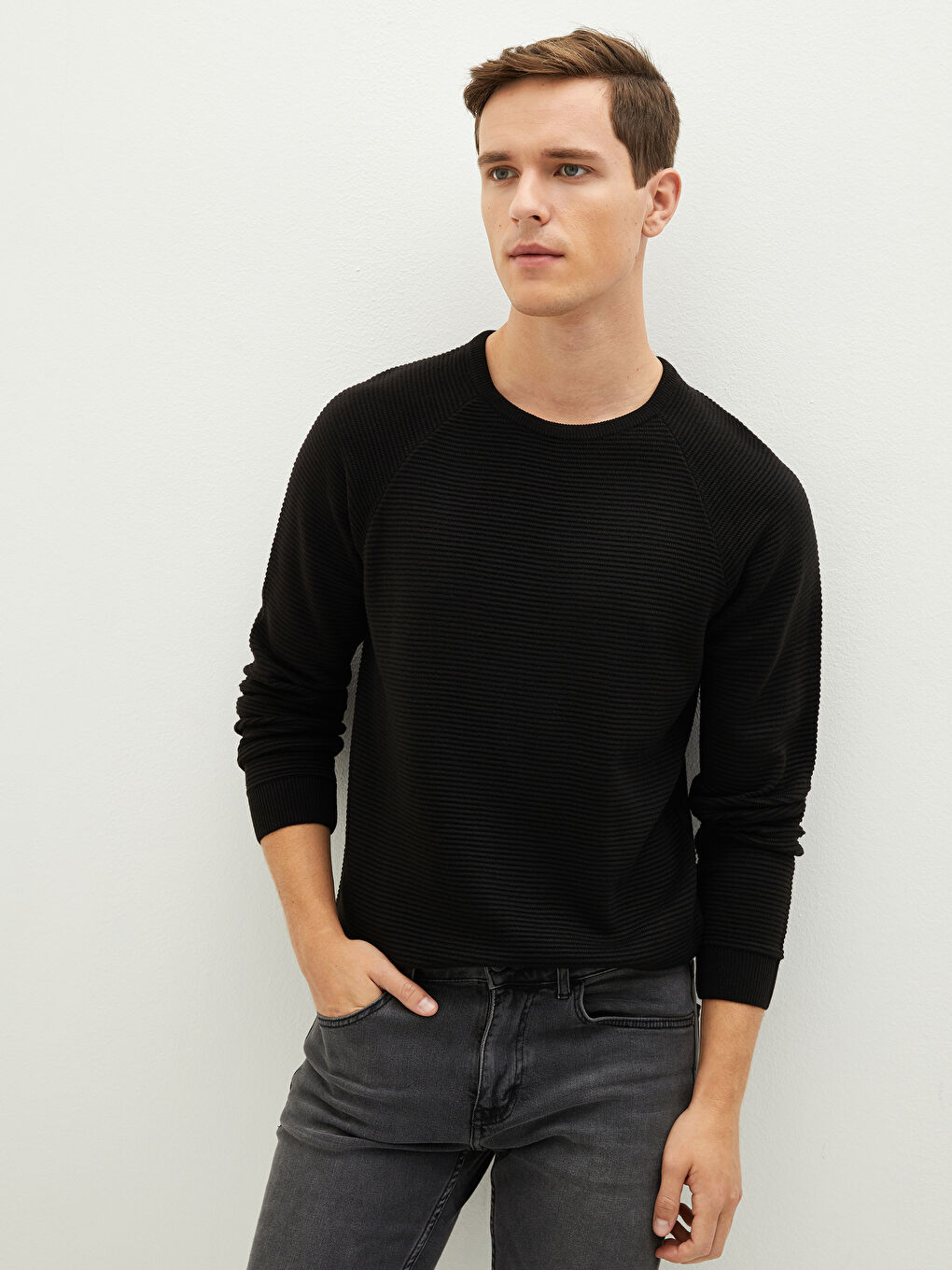 Siyah Bisiklet Yaka Uzun Kollu İnce Erkek Triko Kazak