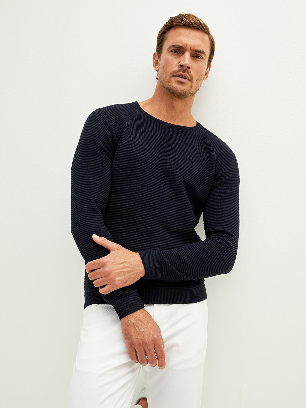 Lacivert Bisiklet Yaka Uzun Kollu İnce Erkek Triko Kazak