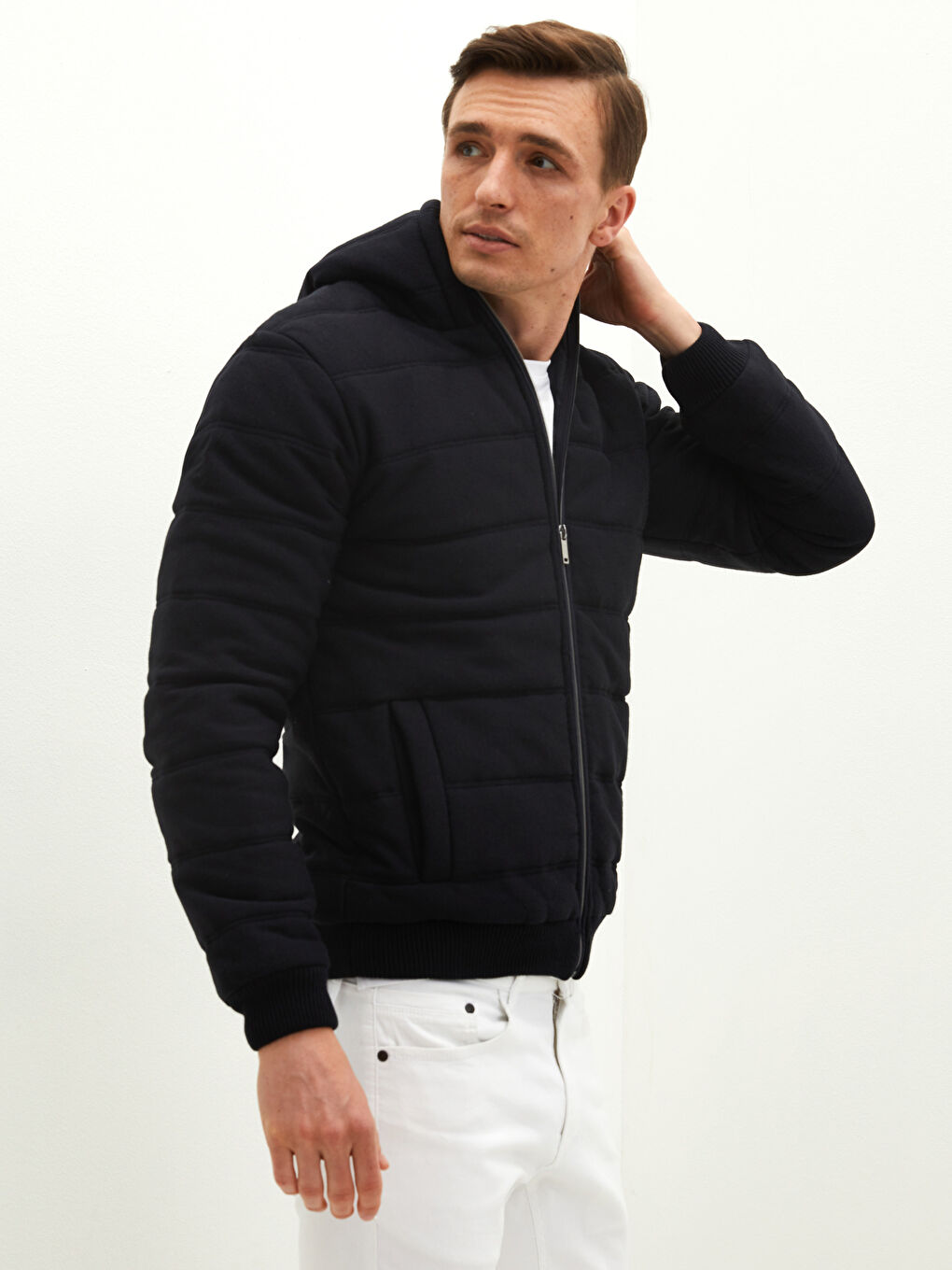 Lacivert Slim Fit Kapüşonlu Erkek Triko Mont