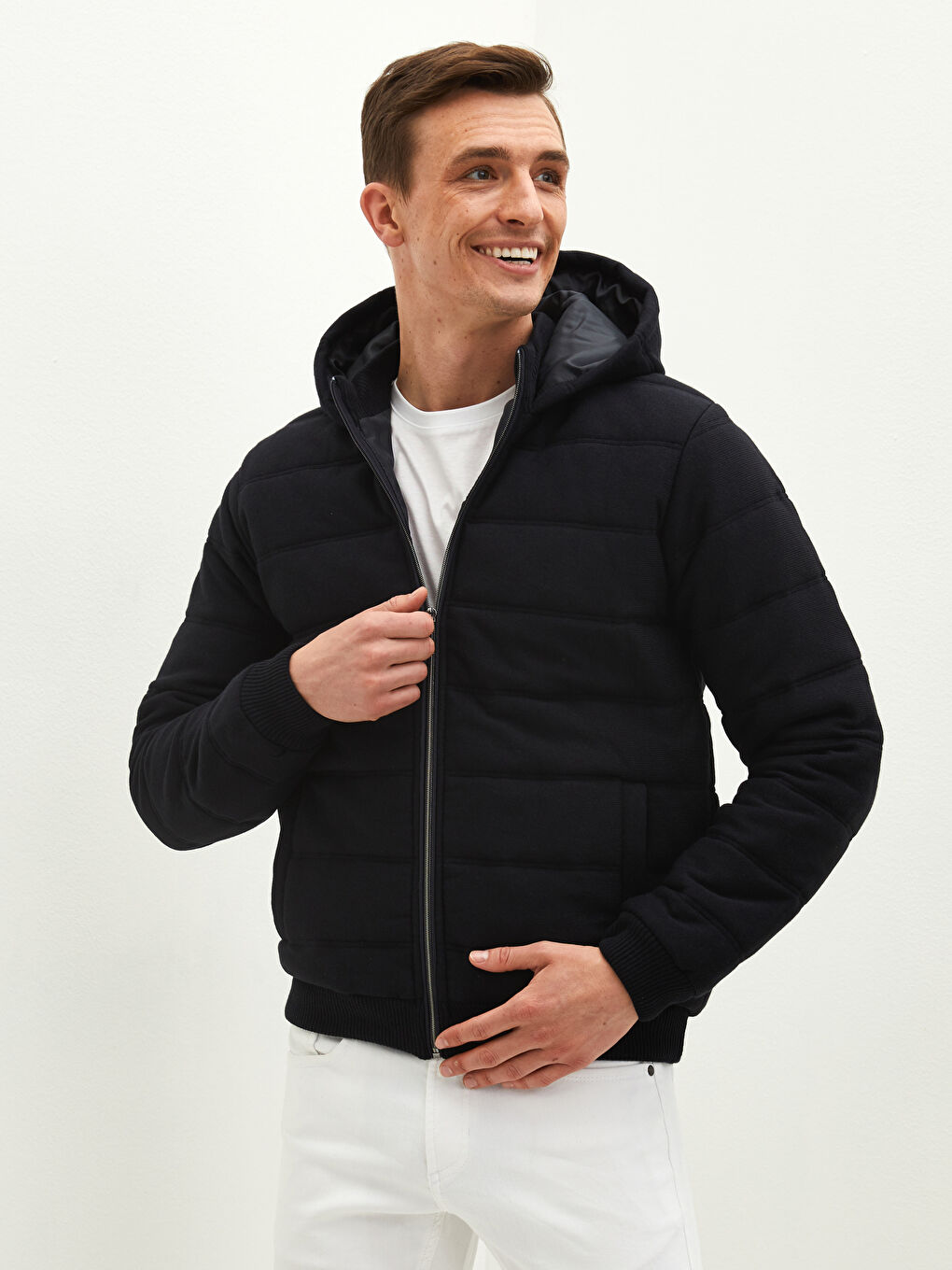 Lacivert Slim Fit Kapüşonlu Erkek Triko Mont-1