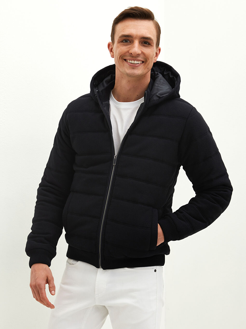 Lacivert Slim Fit Kapüşonlu Erkek Triko Mont-2