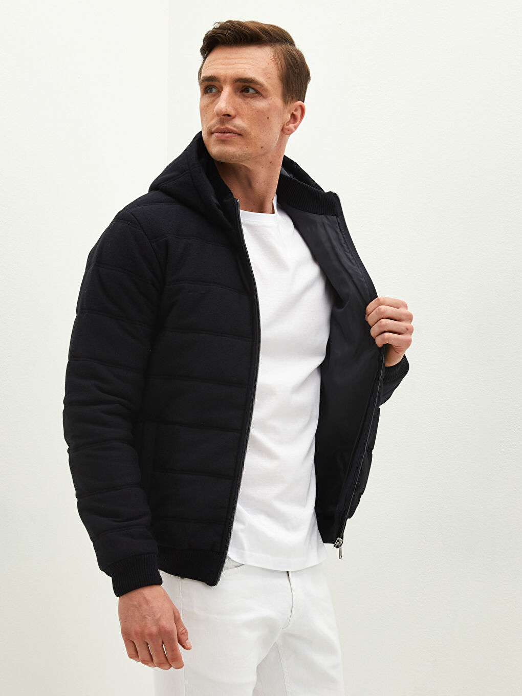 Lacivert Slim Fit Kapüşonlu Erkek Triko Mont-3