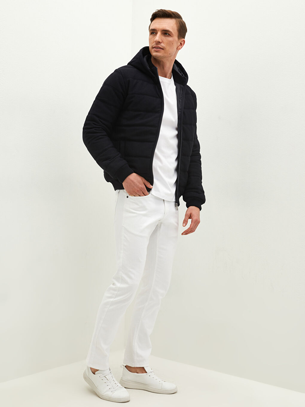 Lacivert Slim Fit Kapüşonlu Erkek Triko Mont-4