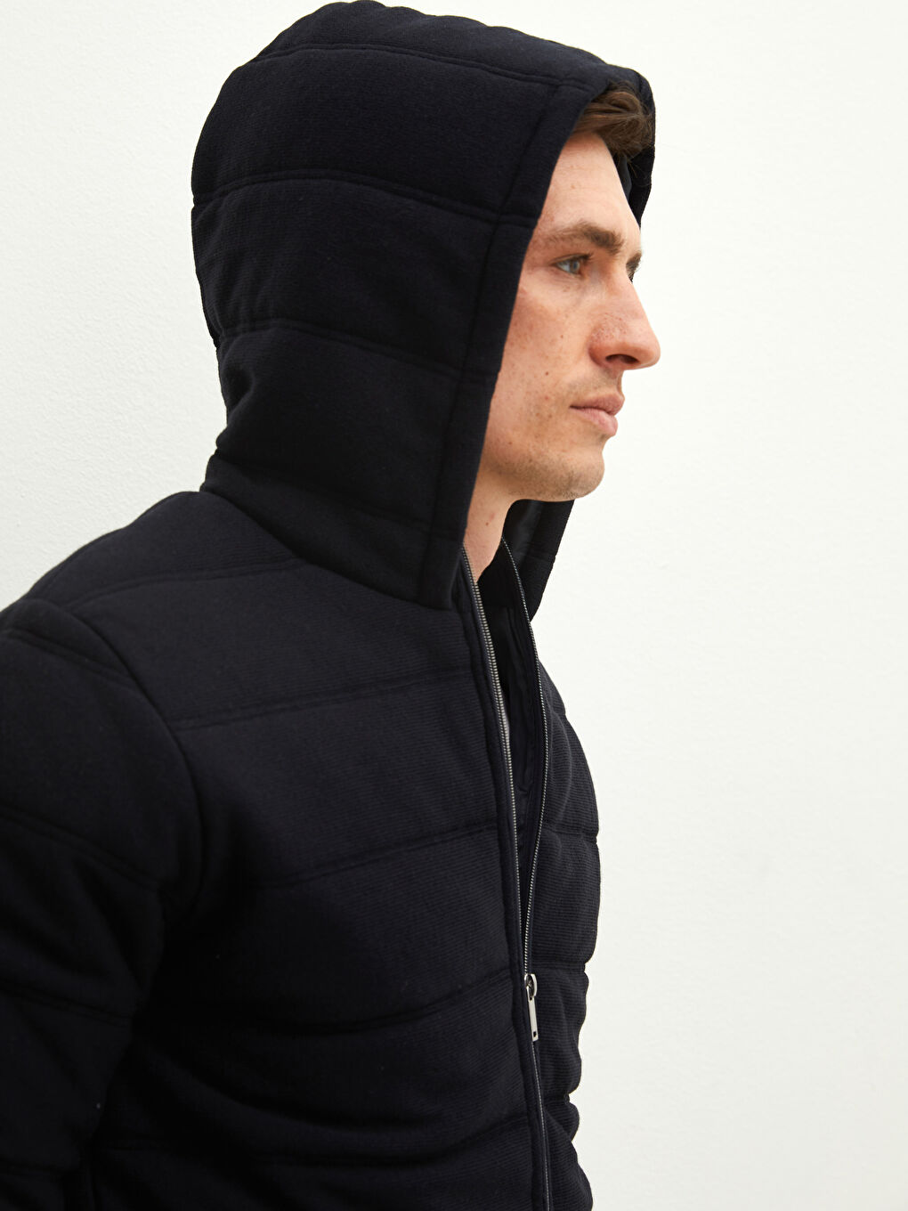 Lacivert Slim Fit Kapüşonlu Erkek Triko Mont-5