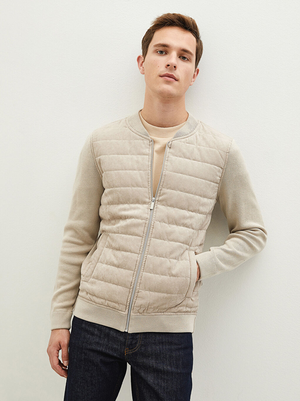 Bej Kolej Yaka Bomber Erkek Triko Mont