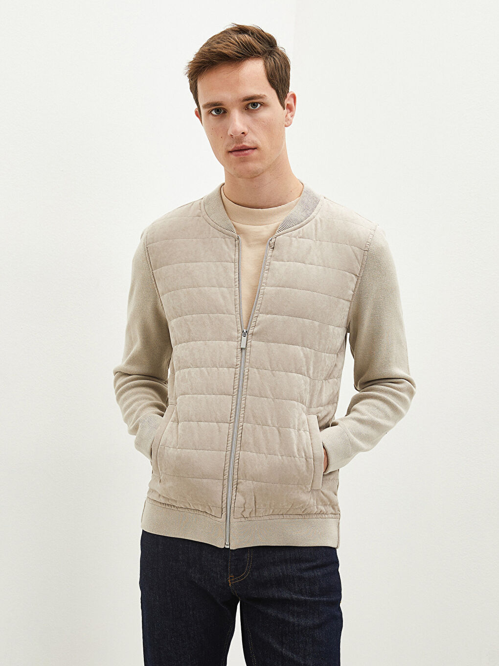 Bej Kolej Yaka Bomber Erkek Triko Mont-2