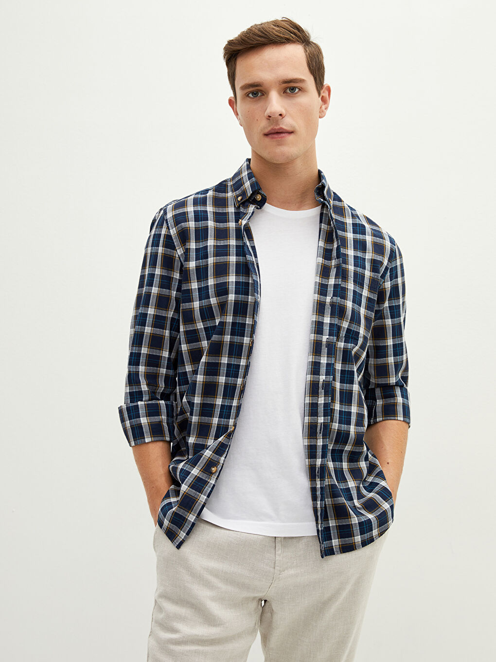 Lacivert Regular Fit Uzun Kollu Ekose Erkek Gömlek-1