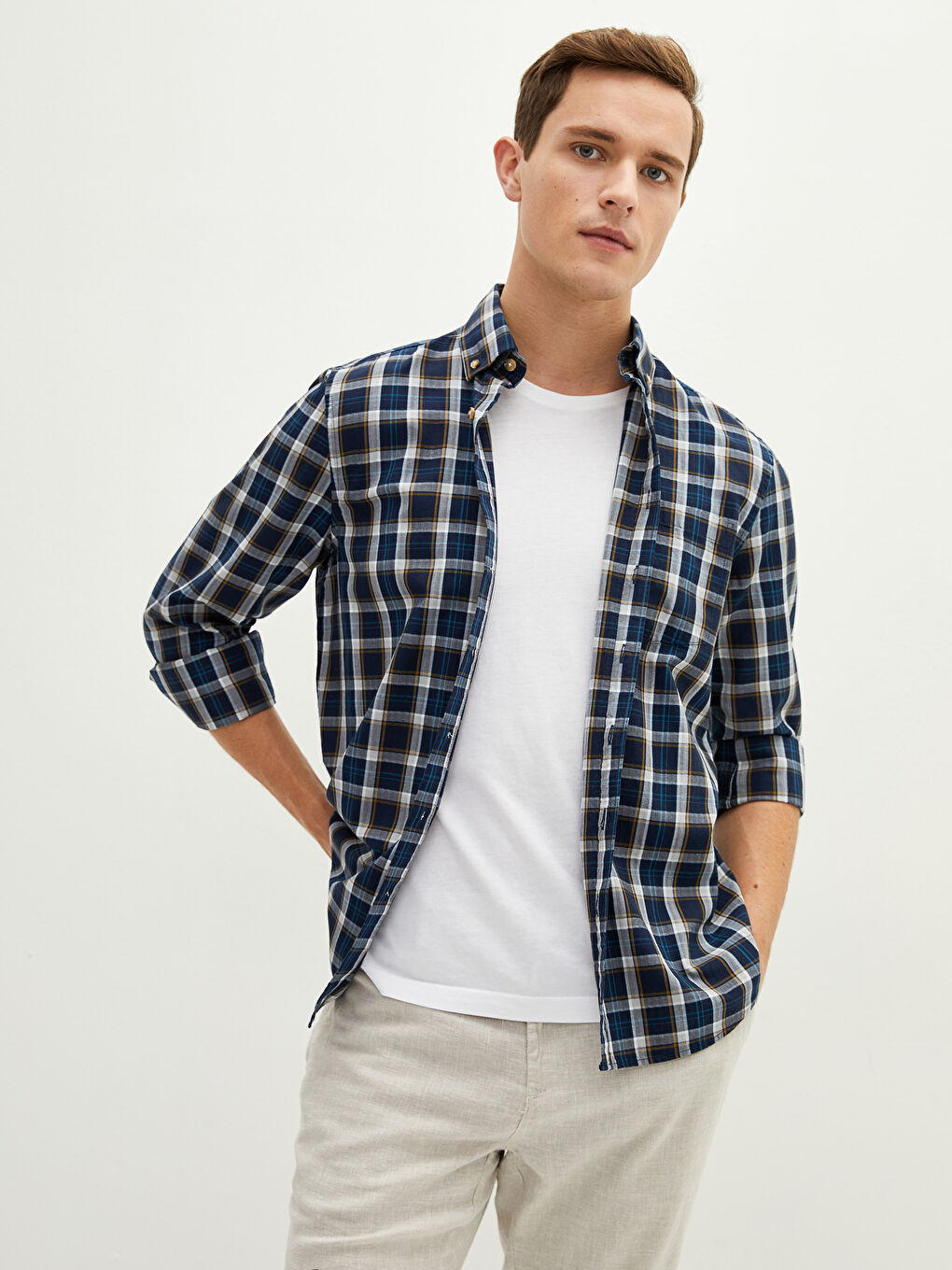 Lacivert Regular Fit Uzun Kollu Ekose Erkek Gömlek-2