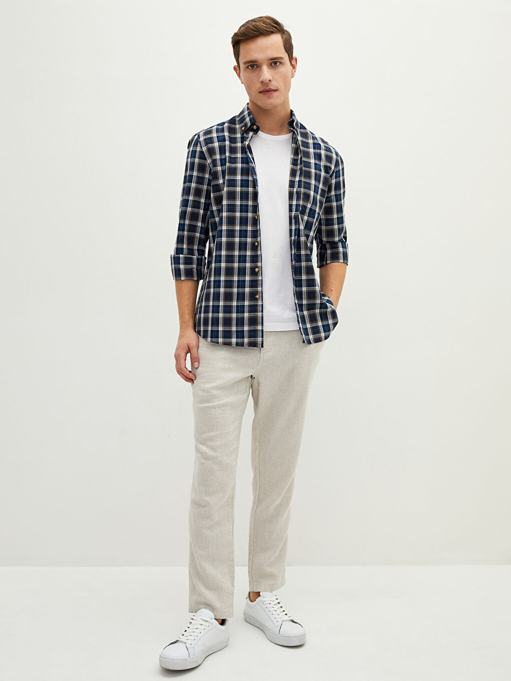 Lacivert Regular Fit Uzun Kollu Ekose Erkek Gömlek-3