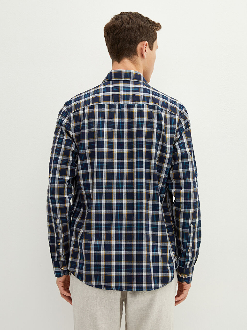 Lacivert Regular Fit Uzun Kollu Ekose Erkek Gömlek-4