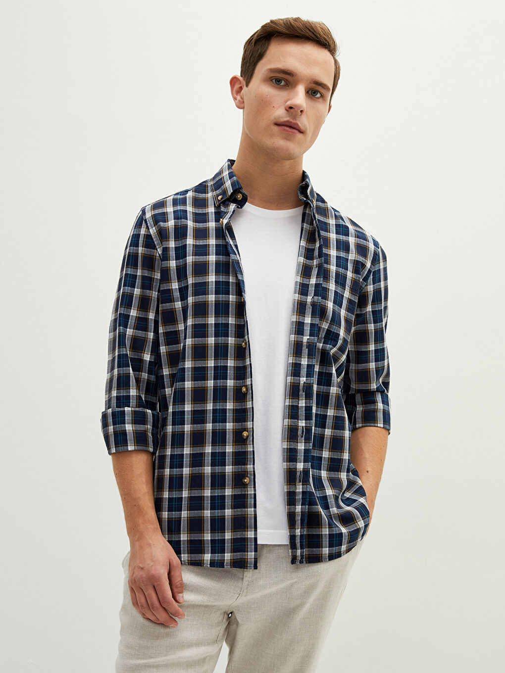 Lacivert Regular Fit Uzun Kollu Ekose Erkek Gömlek-5