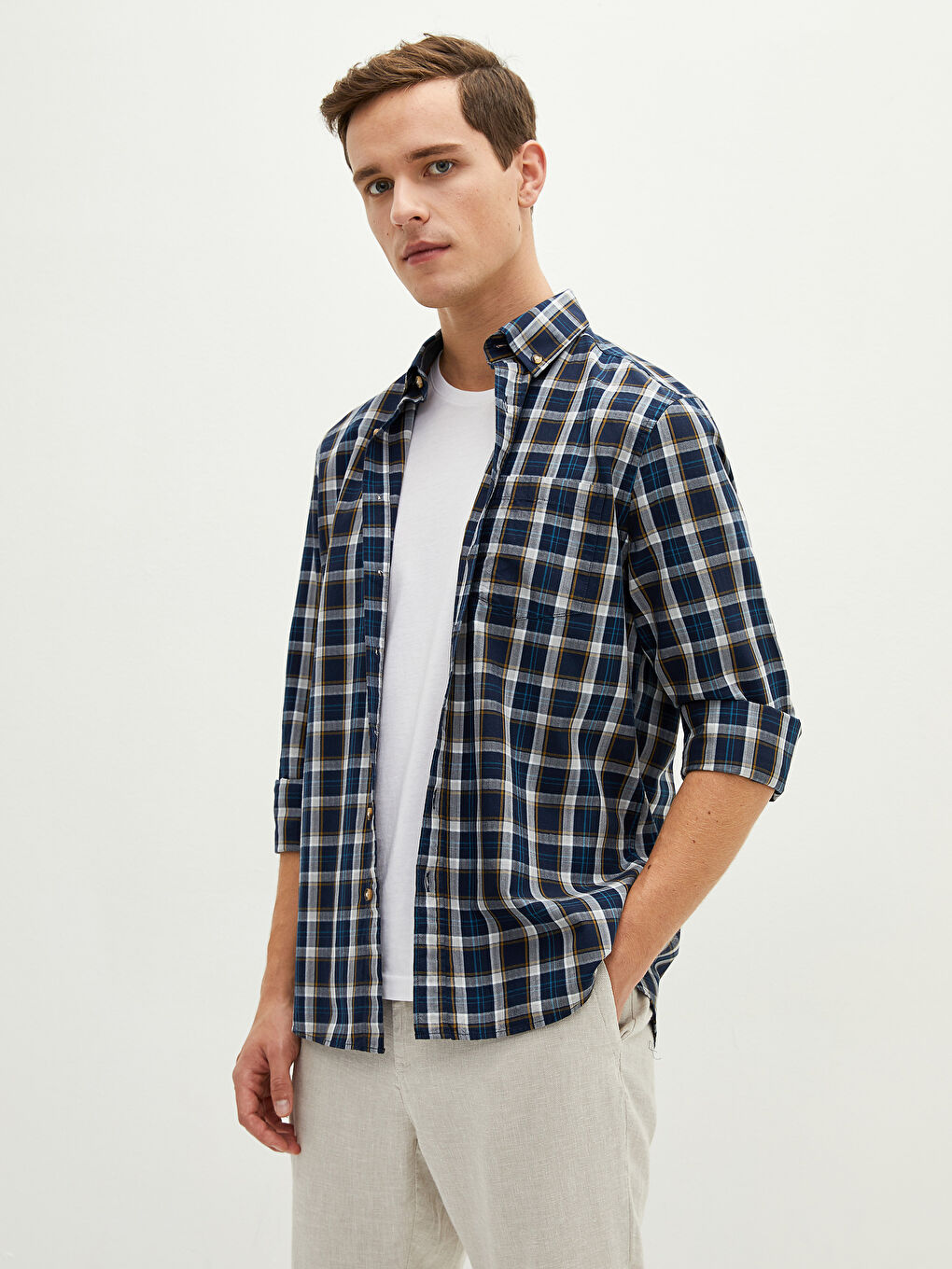 Lacivert Regular Fit Uzun Kollu Ekose Erkek Gömlek