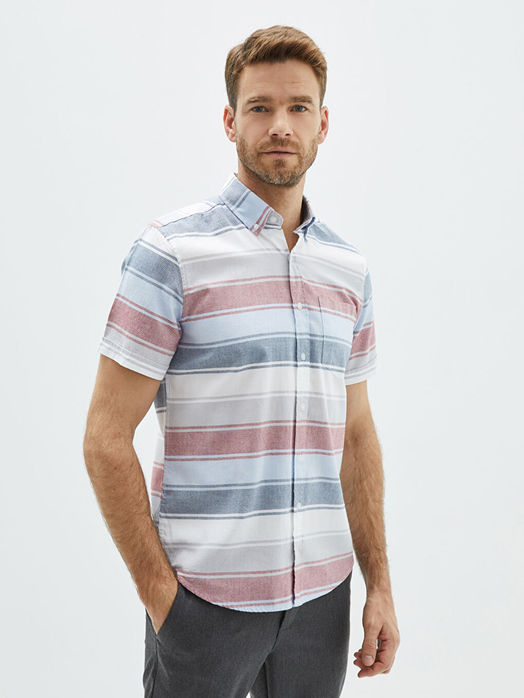 Regular Fit Short Sleeve Striped Oxford Men's Shirt
