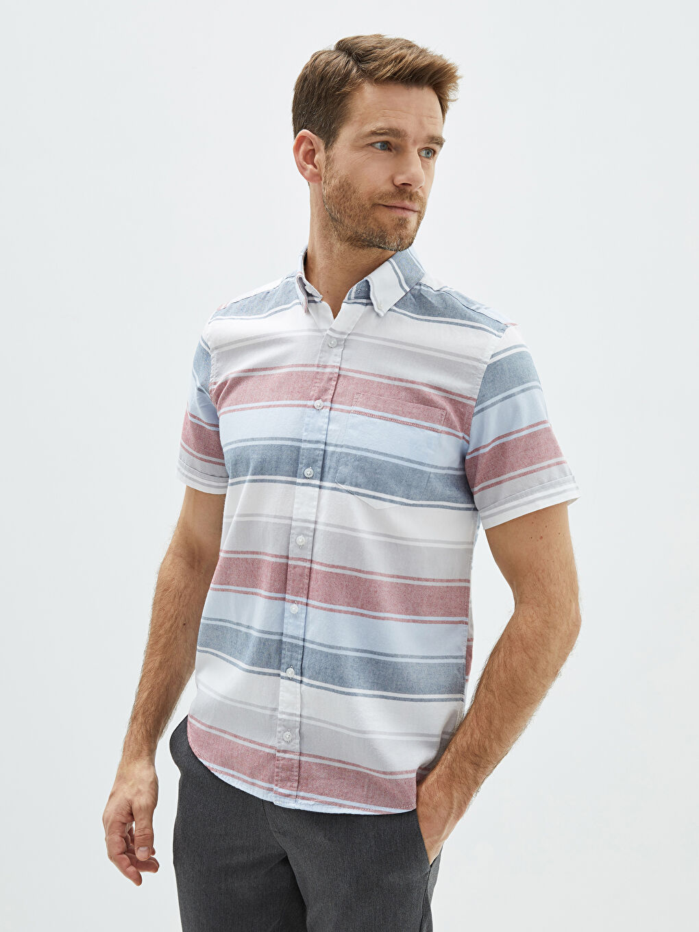 Regular Fit Short Sleeve Striped Oxford Men's Shirt-1