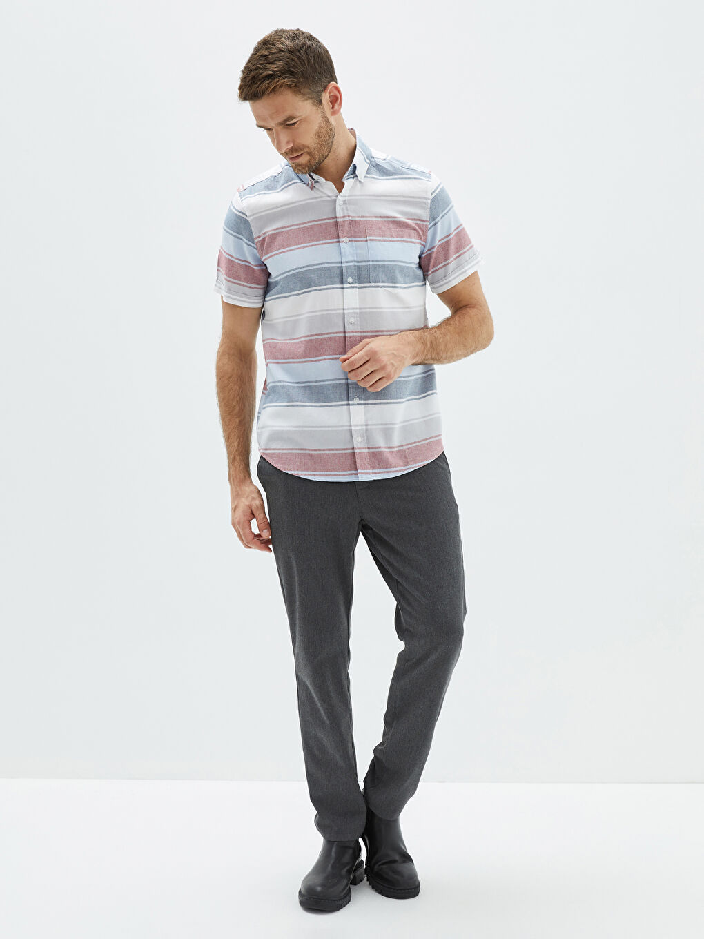 Regular Fit Short Sleeve Striped Oxford Men's Shirt-2