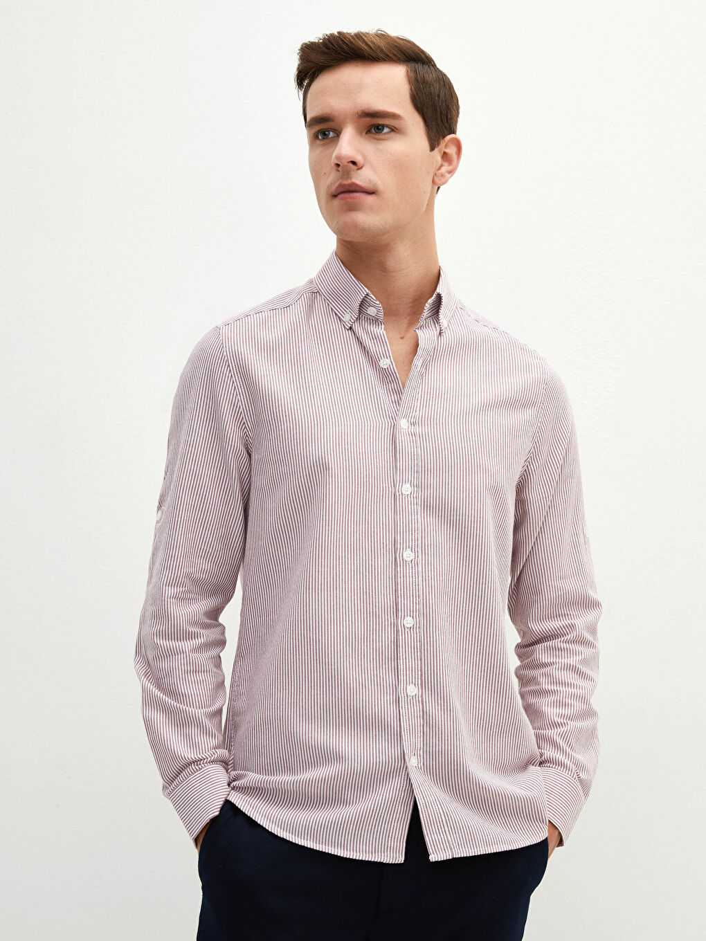 Kahverengi Slim Fit Uzun Kollu Oxford Erkek Gömlek-1